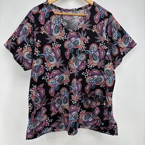 Vera Bradley Paisley Print V-Neck Scrub Top Women XL Black-Multi Pockets V6117